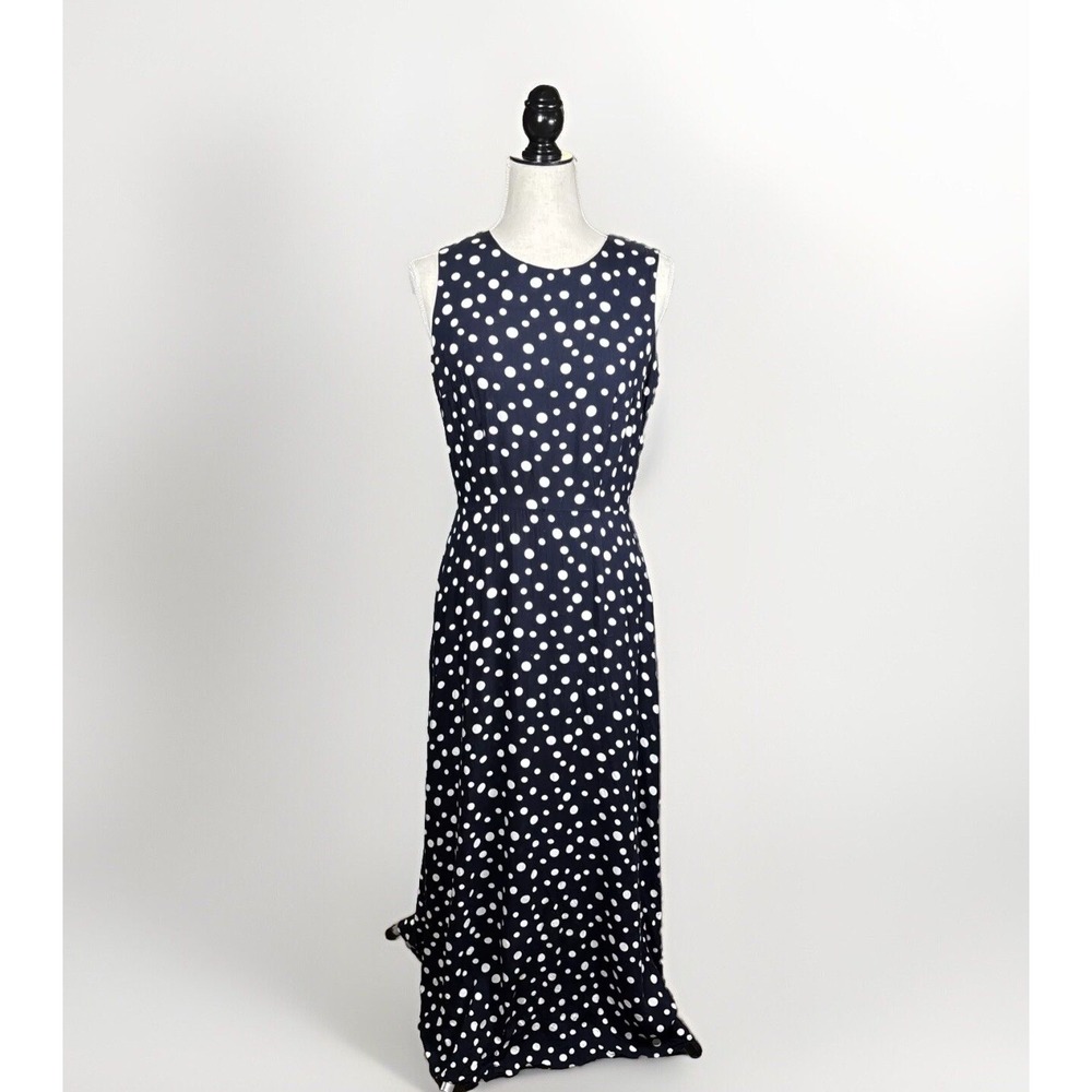 Vintage Polka Dot Dress S Sleeveless Maxi Long Navy Blue Pinup‎ Mod